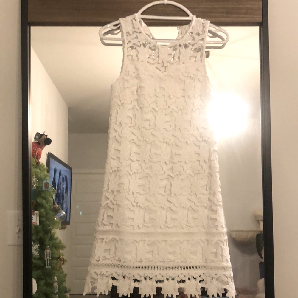 Francesca's White XS Dress with Embroidered Lace Overlay